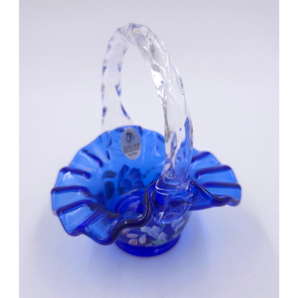 Fenton Cobalt Blue Glass Basket Ruffled Rim w Sticker Hand Decorated Artist Sign